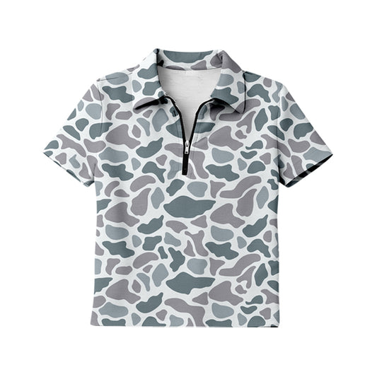 MOQ 5 PCS Preorder GT1602 Adult Female Gray Blue Camouflage Zip Polo Short Sleeve Top 202601