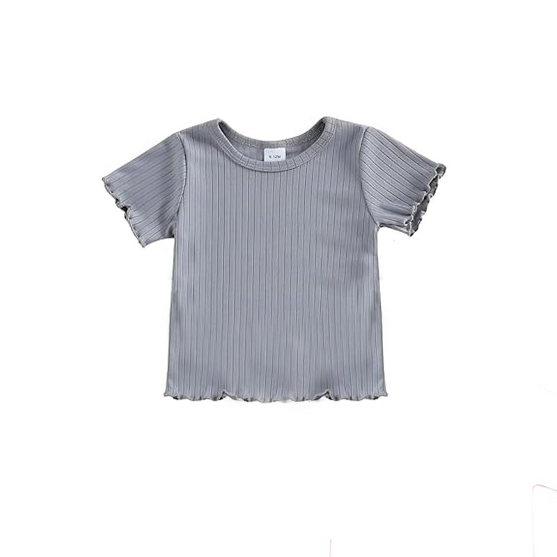 MOQ 5 PCS Preorder GT1604 Solid Gray Pit Stripe Short Sleeve Girls Tops 202601