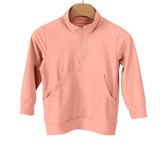 MOQ 5 PCS Preorder GT1608 Solid Orange Pink Zipper Long Sleeve Girls Yoga Tops 202602