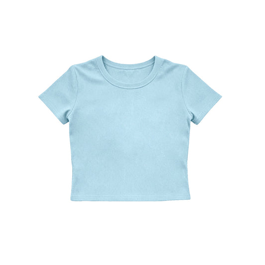 MOQ 5 PCS Preorder GT1631 Solid Light Blue Short Sleeve Girls Yoga Tops 202604