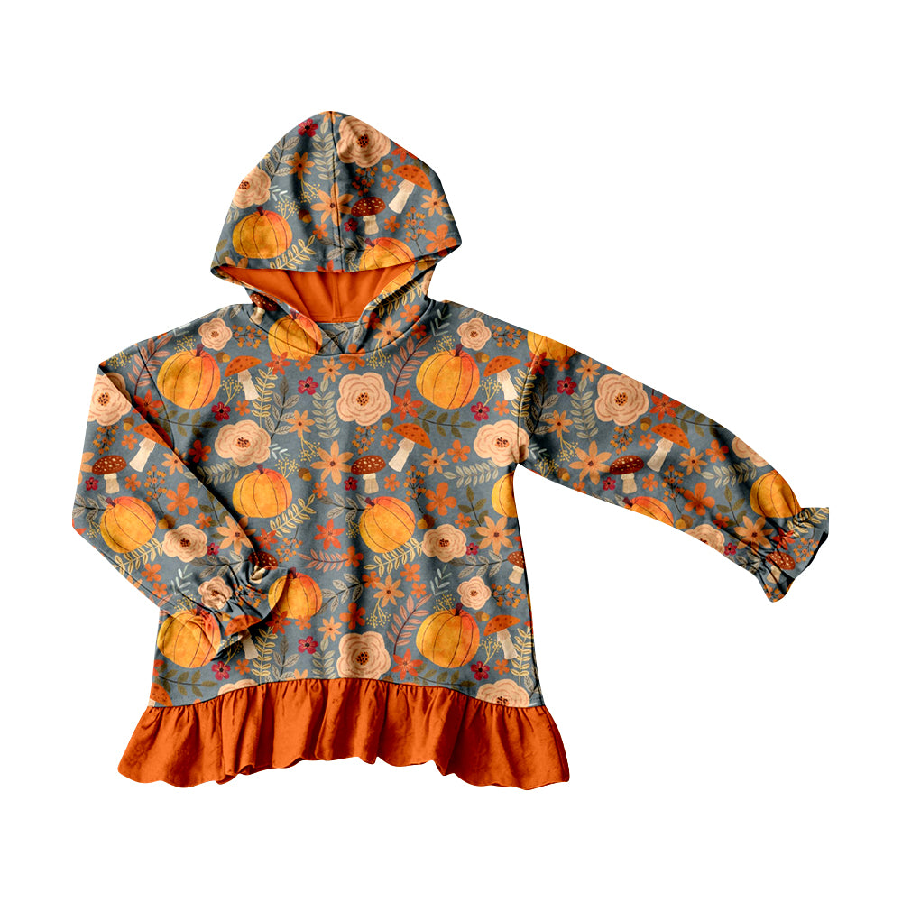 MOQ 5 PCS Preorder GT1642 Pumpkin Mushroom Flower Orange Ruffle Hooded Long Sleeve Girls Tops 202604