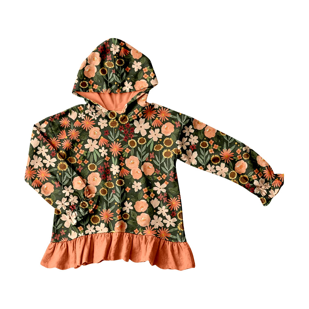 MOQ 5 PCS Preorder GT1644 Flower Leaf Orange Ruffle Hooded Long Sleeve Girls Tops 202604