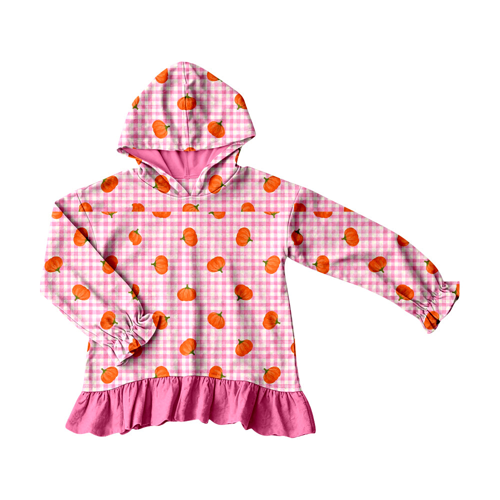 MOQ 5 PCS Preorder GT1646 Pumpkin Plaid Pink Ruffle Hooded Long Sleeve Girls Tops 202604