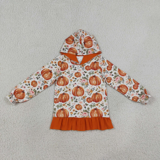 GT1647 Pumpkin Flower Leaf Orange Ruffle Hooded Long Sleeve Girls Tops 202608 RTS