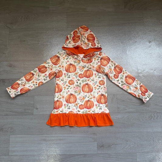 NO MOQ Preorder GT1647 Pumpkin Flower Leaf Orange Ruffle Hooded Long Sleeve Girls Tops 202607