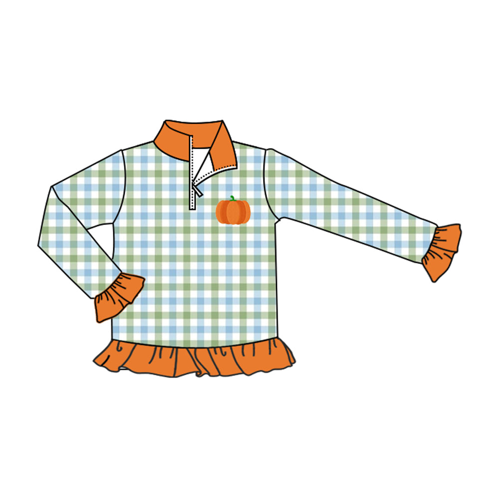 MOQ 5 PCS Preorder GT1653 Pumpkin Blue Green Plaid Orange Ruffle Zip Collar Long Sleeve Girls Tops 202604