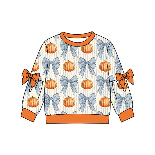 MOQ 5 PCS Preorder GT1654 Pumpkin Bows Stripe Orange Long Sleeve Girls Tops 202604