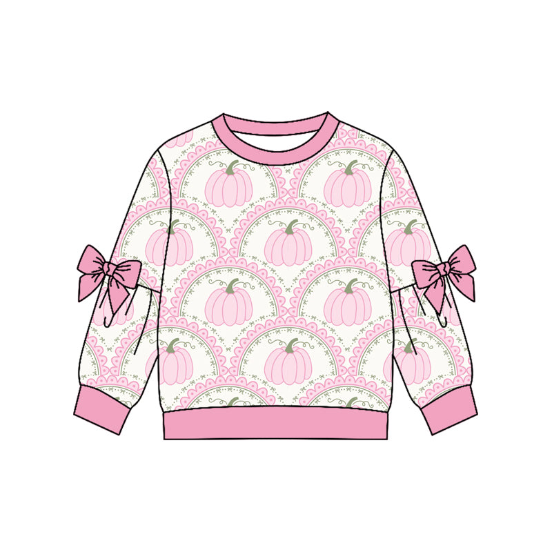 MOQ 5 PCS Preorder GT1655 Pumpkin Bows Pink Long Sleeve Girls Tops 202604