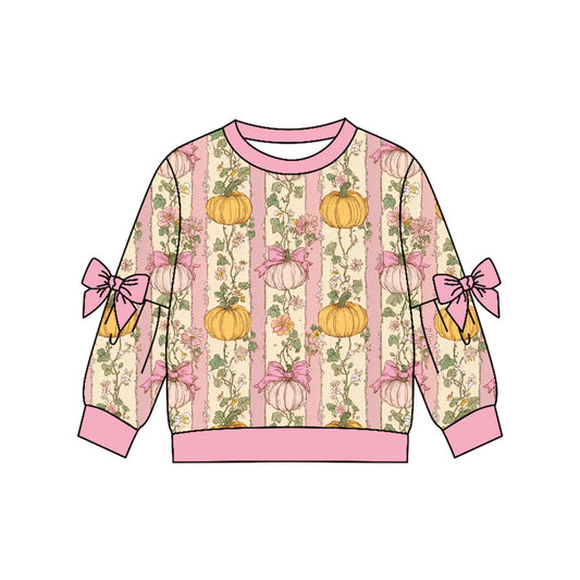 MOQ 5 PCS Preorder GT1659 Pumpkin Flower Bows Stripe Pink Long Sleeve Girls Tops 202604