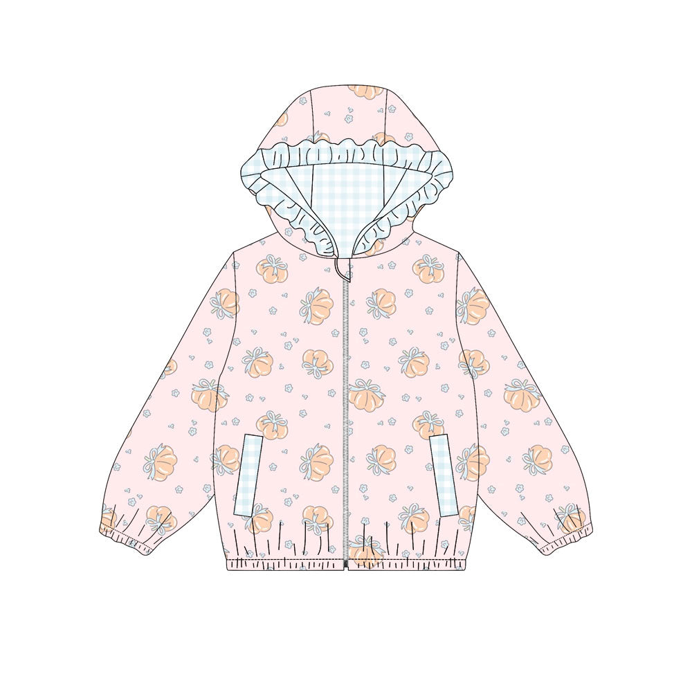 MOQ 5 PCS Preorder GT1660 Pumpkin Bows Light Blue Plaid Ruffle Pink Zip Hooded Long Sleeve Girls Tops 202604