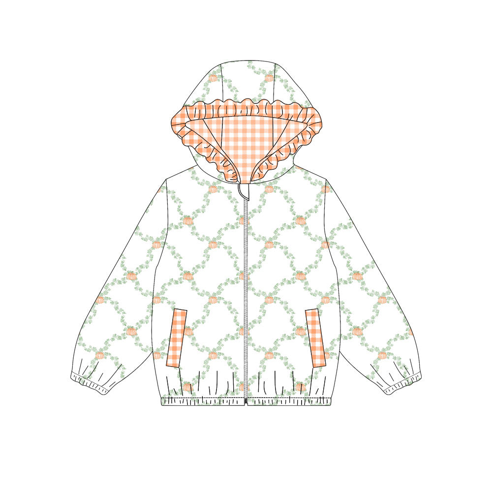 MOQ 5 PCS Preorder GT1662 Pumpkin Leaf Orange Plaid Ruffle White Zip Hooded Long Sleeve Girls Tops 202604