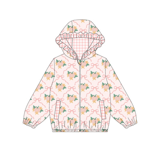 MOQ 5 PCS Preorder GT1663 Pumpkin Bows Leaf Pink Plaid Ruffle Zip Hooded Long Sleeve Girls Tops 202604