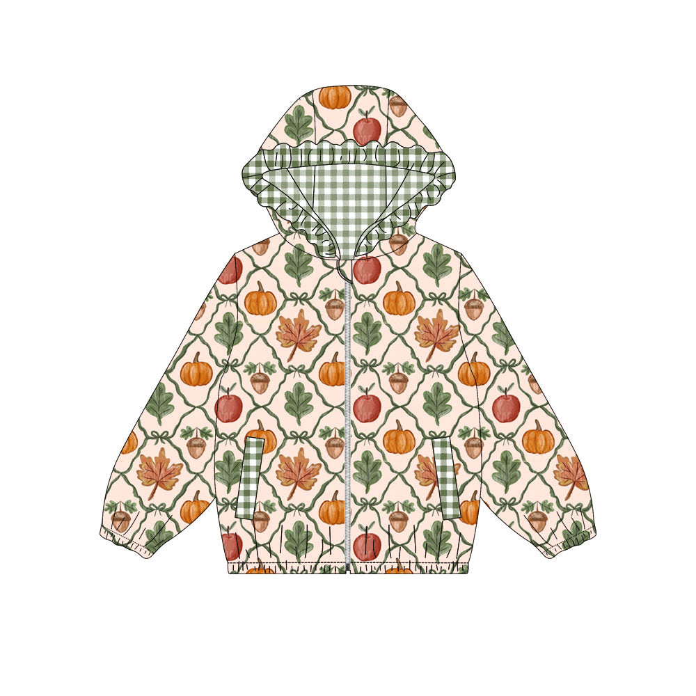 MOQ 5 PCS Preorder GT1664 Pumpkin Leaf Green Plaid Ruffle Zip Hooded Long Sleeve Girls Tops 202604