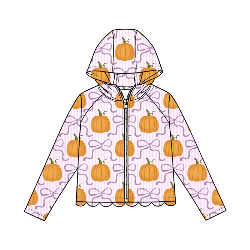 MOQ 30 PCS Preorder GT1665 Pumpkin Purple Bows Pink Stripe Scalloped Zip Hooded Long Sleeve Girls Tops 202604