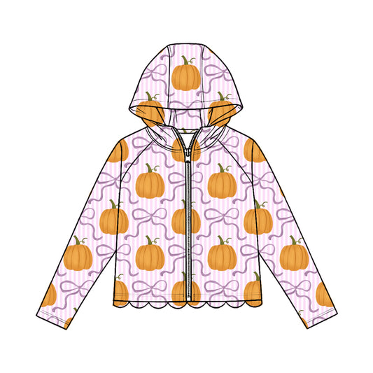 MOQ 30 PCS Preorder GT1665 Pumpkin Purple Bows Pink Stripe Scalloped Zip Hooded Long Sleeve Girls Tops 202604