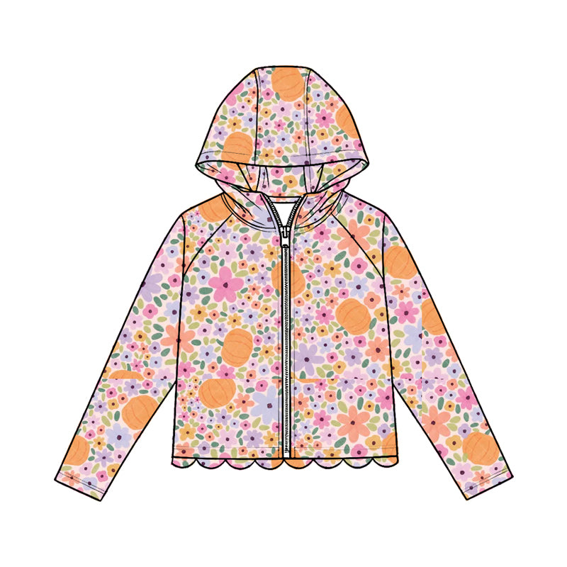 MOQ 30 PCS Preorder GT1669 Pumpkin Pink Purple Flower Scalloped Zip Hooded Long Sleeve Girls Tops 202604