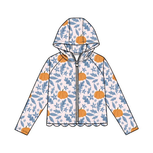MOQ 30 PCS Preorder GT1670 Pumpkin Blue Leaf Light Pink Scalloped Zip Hooded Long Sleeve Girls Tops 202604