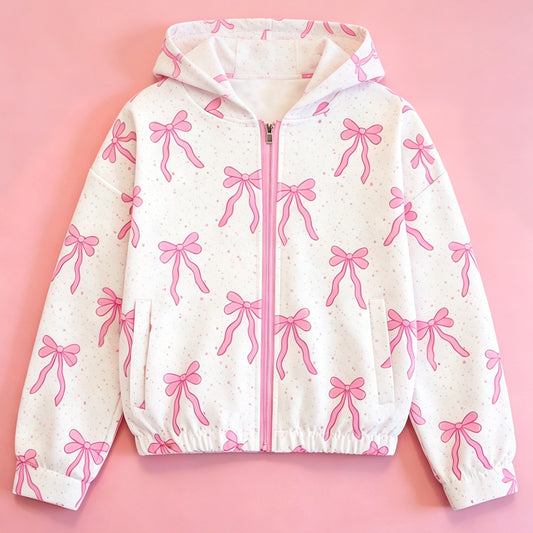MOQ 5 PCS Preorder GT1671 Pink Bows Dots White Zip Hooded Long Sleeve Girls Yoga Tops 202604