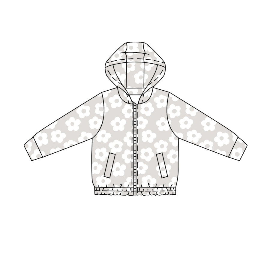 MOQ 5 PCS Preorder GT1672 Flower Gray Zip Hooded Long Sleeve Girls Yoga Tops 202604