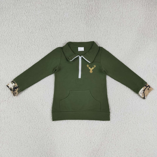 GT1694 Embroidered Deer Hunting Green Zip Collar Long Sleeve Girls Tops 202608 RTS
