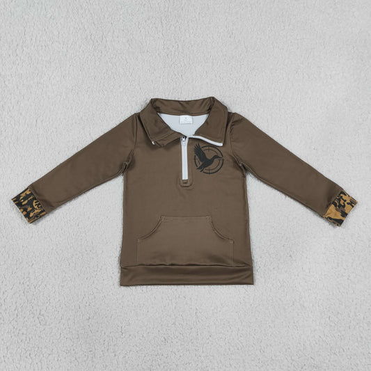 GT1698 Duck Hunting Brown Zip Collar Long Sleeve Girls Tops 202608 RTS