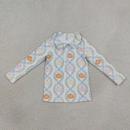 GT1660 Pumpkin Bows Leaf Zip Polo Long Sleeve Girls Yoga Tops 202608 RTS