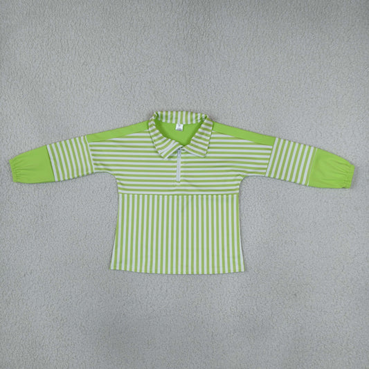 GT1718 Green Stripe Yoga Zipper Polo Pullover Kids Girls Shirt Top