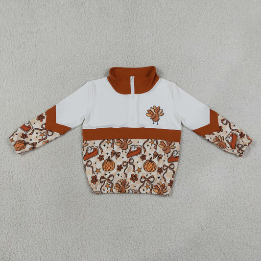 GT1723 Thanksgiving Turkey Pumpkin Bows Plaid Stripe Polo Zip Long Sleeve Girls Tops 202607 RTS