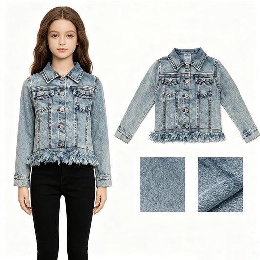 GT1753 Off-Blue Pocket Long Sleeve Boy & Girl Denim Jacket with Fringe 202607 RTS