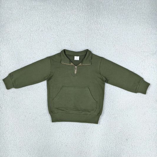 GT1767 Thick Sweatshirts Solid Color Dark Green Zipper Kids Girls Pullover