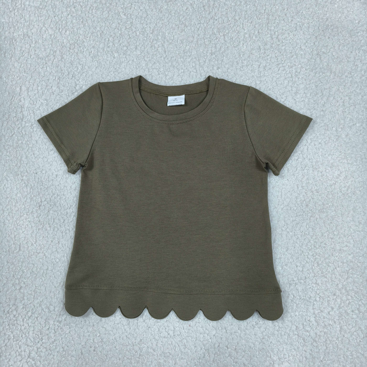 RTS GT1772 Solid Color Olive Green Scallop Edge Kids Girls Shirt Top