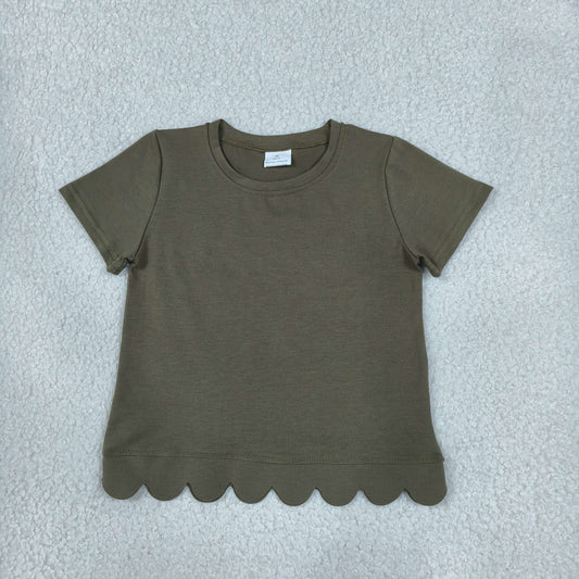 RTS GT1772 Solid Color Olive Green Scallop Edge Kids Girls Shirt Top