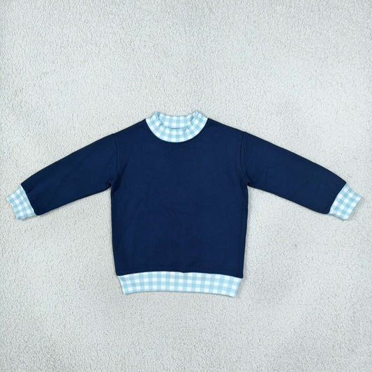GT1801 Thick Sweatshirts Blue Plaid Middle Neckline Navy Pullover