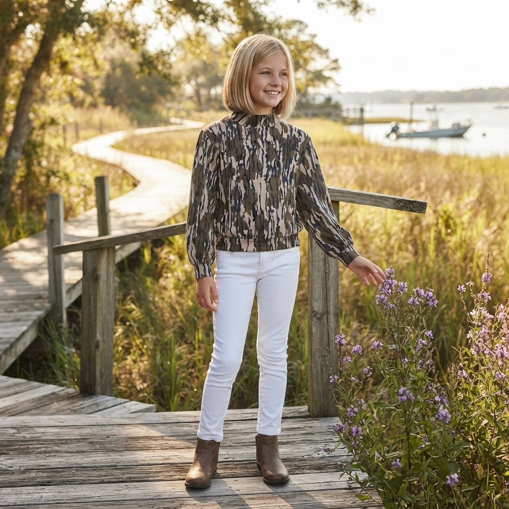 GT1810 Hunting Camo Middle Neckline Yoga Pullover Kids Girls Shirt Top