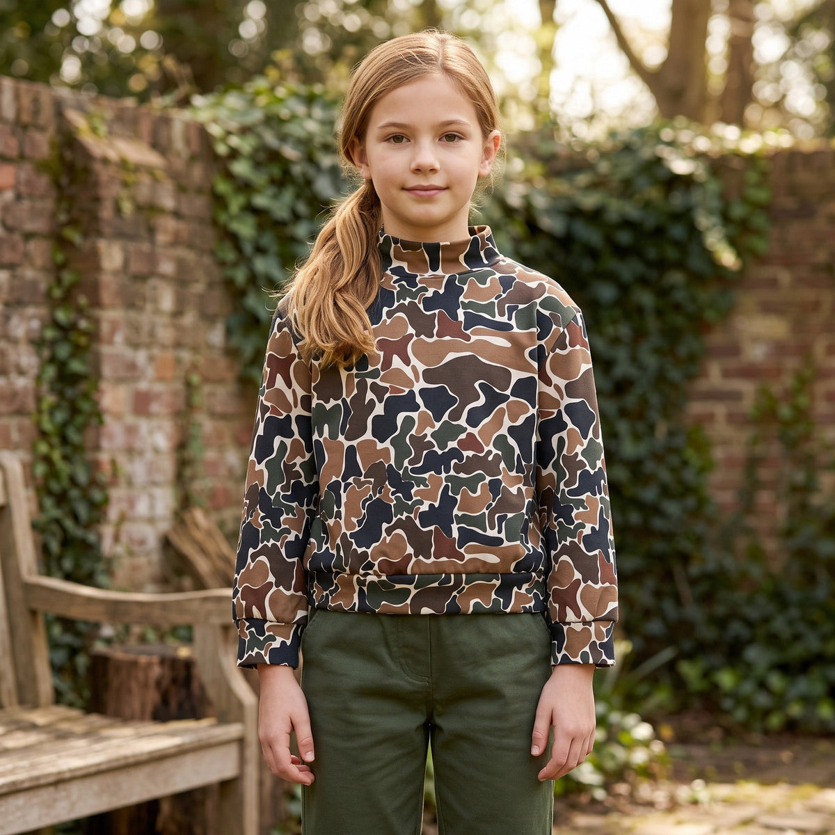 GT1812 Hunting Camo Middle Neckline Yoga Pullover Kids Girls Shirt Top
