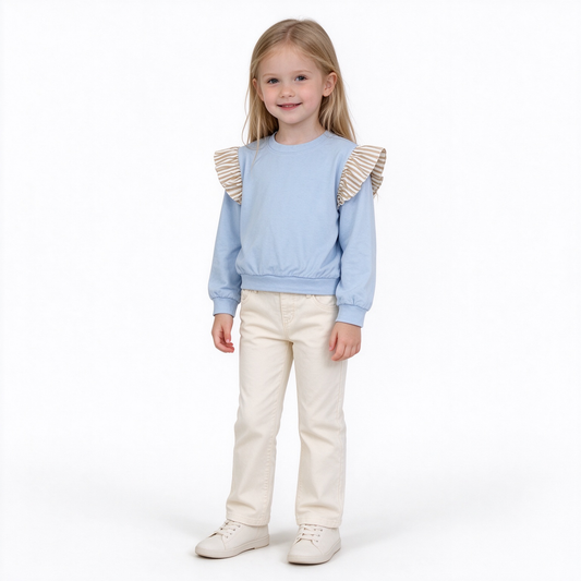 GT1843 Solid Color Stripe Ruffles Blue Kids Girls Shirt Top