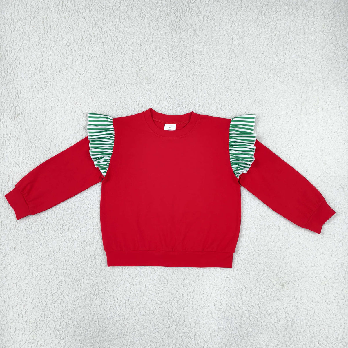 GT1844 Christmas Solid Color Stripe Ruffles Red Kids Girls Shirt Top