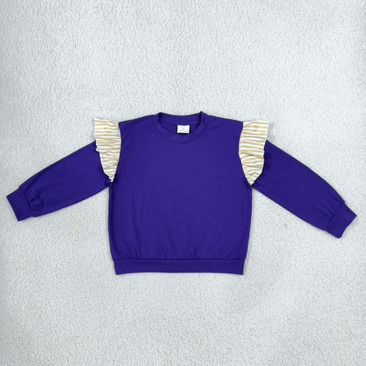 GT1846 Solid Color Stripe Ruffles Dark Purple Kids Girls Shirt Top