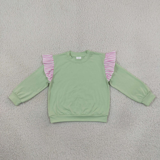 GT1847 Solid Color Stripe Ruffles Light Green Kids Girls Shirt Top