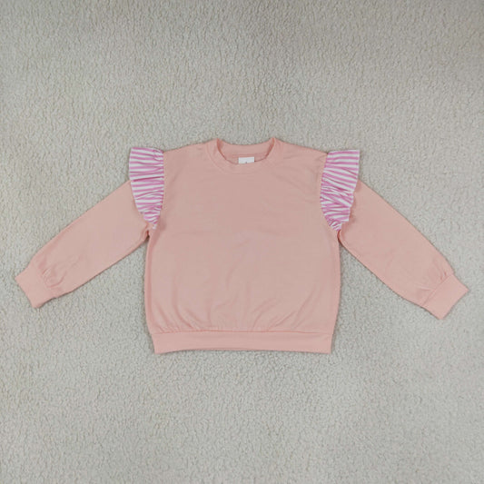 GT1849 Solid Color Stripe Ruffles Pink Kids Girls Shirt Top