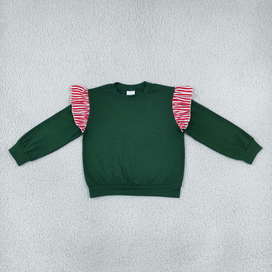 GT1850 Christmas Solid Color Stripe Ruffles Dark Green Kids Girls Shirt Top