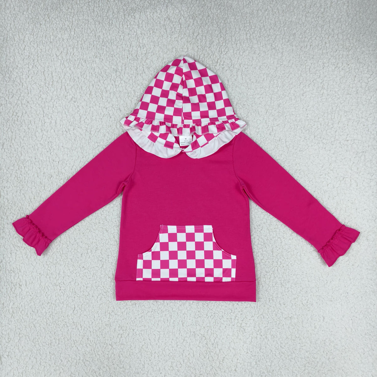 GT1851 Solid Rose Red Plaid Kids Girls Hoodie Pullover