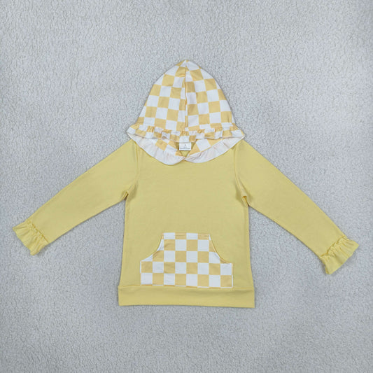 GT1853 Solid Yellow Plaid Kids Girls Hoodie Pullover
