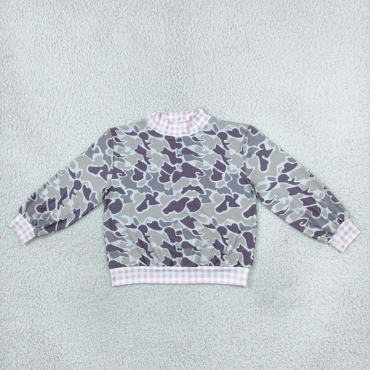 GT1873 Hunting Camo Pink Plaid Middle Neckline Pullover Kids Girls Shirt Top