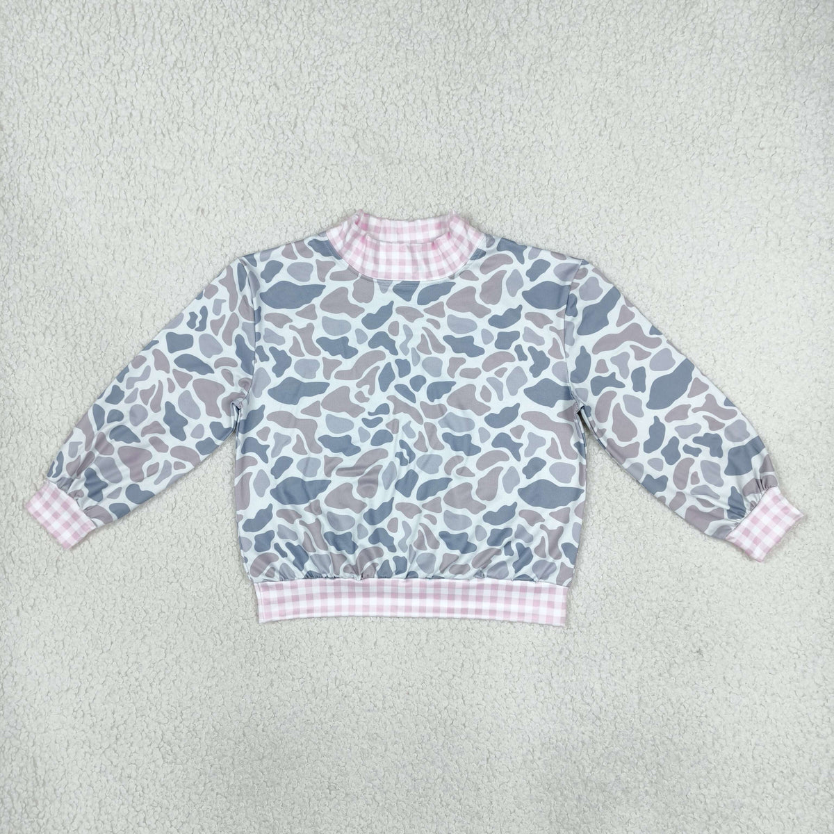 GT1874 Hunting Camo Pink Plaid Mockneck Pullover Kids Girls Shirt Top