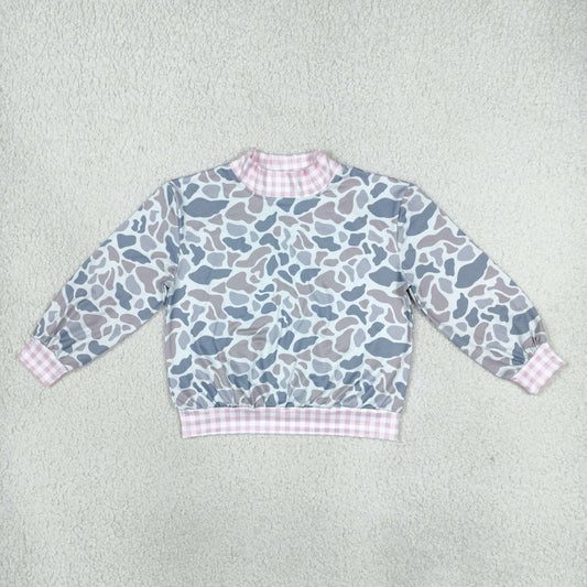 GT1874 Hunting Camo Pink Plaid Mockneck Pullover Kids Girls Shirt Top