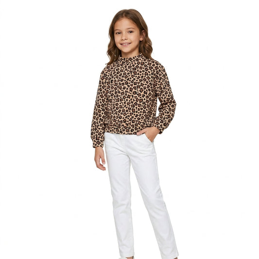 GT1904 Fashion Leopard Print Mockneck Kids Girls Pullover