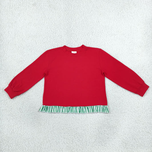 GT1935 Christmas Solid Red Ruffles Pullover Girls Shirt Top