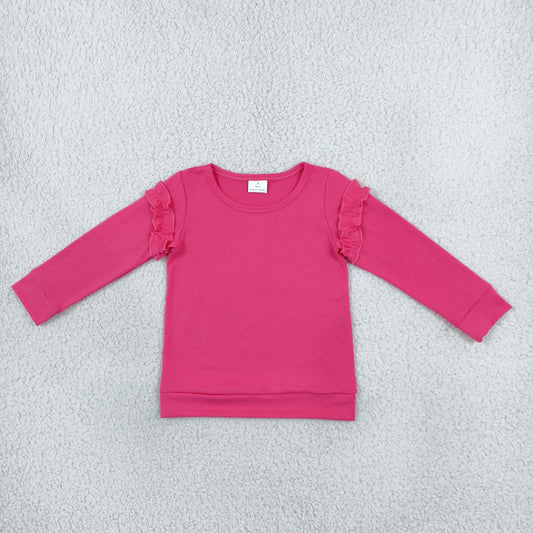 GT1951 Solid Color Rose Red Ruffles Pullover Girls Shirt Top