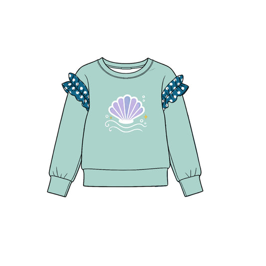Preorder MOQ 5 pcs GLP4062 Shell Pattern Solid Color Cotton Ruffles Blue Green Girls Set